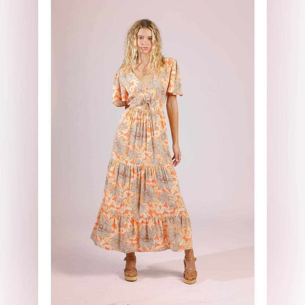 NWT Band of the Free Apricot Floral Boho Maxi Dress Small Elastic Waist Festival
